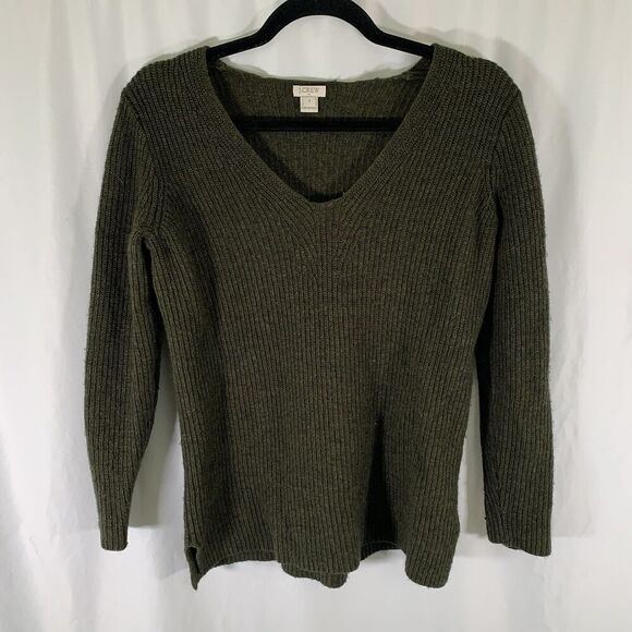 J. Crew Merino Wool Blend Sweater Women's Small Green Knit Ribbed Vneck Pullover - Picture 1 of 8
